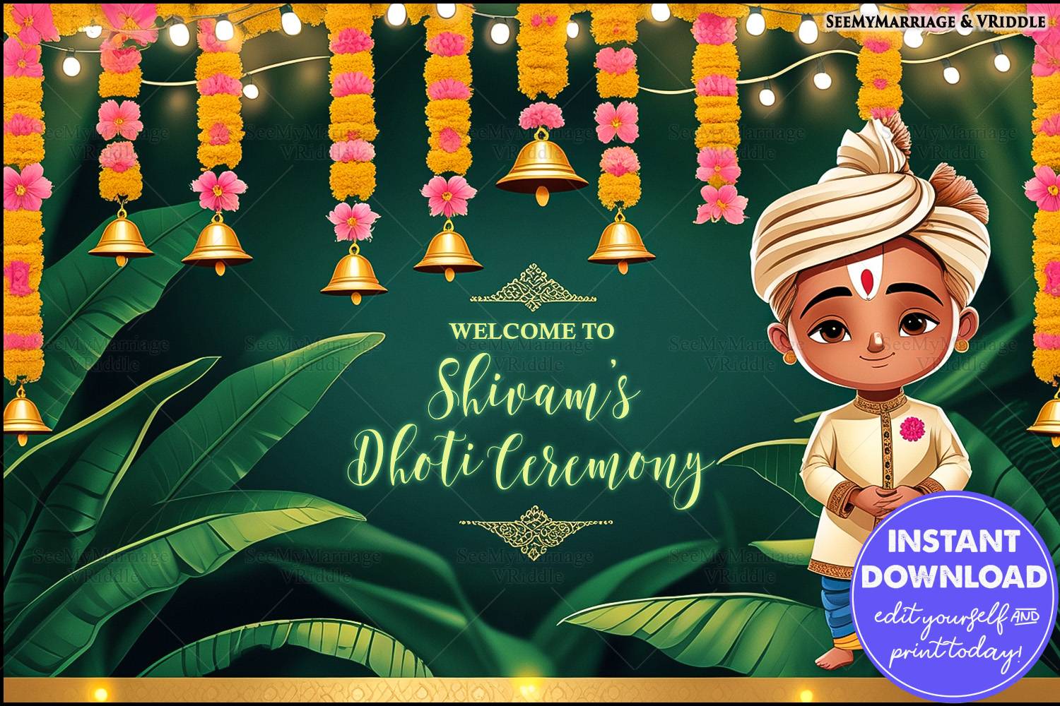 Traditional Dhoti Ceremony Welcome Poster with Banana Leaves, Marigold Garlands, and Warm Bell Decor