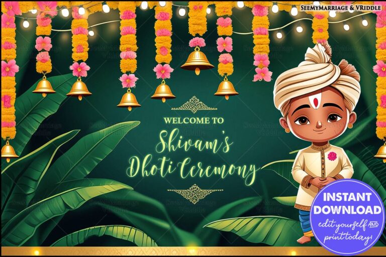 Traditional Dhoti Ceremony Welcome Poster with Banana Leaves, Marigold Garlands, and Warm Bell Decor