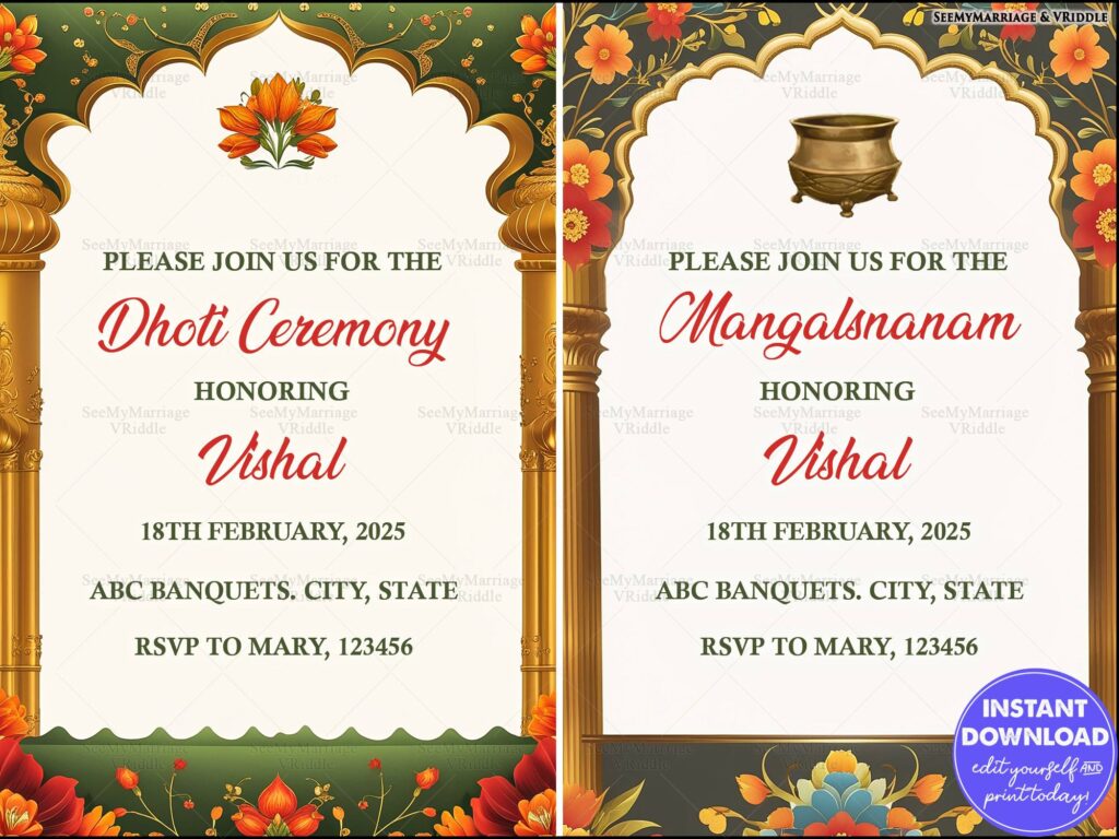 Traditional Dhoti Ceremony and Mangalsnanam Invitation with Floral and Gold Accents, Lotus Motif, Gold Pillar and Kalash Illustration
