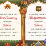 Traditional Dhoti Ceremony and Mangalsnanam Invitation with Floral and Gold Accents, Lotus Motif, Gold Pillar and Kalash Illustration