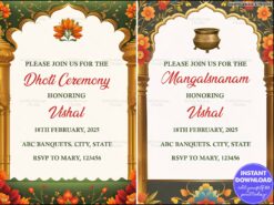 Traditional Dhoti Ceremony and Mangalsnanam Invitation with Floral and Gold Accents, Lotus Motif, Gold Pillar and Kalash Illustration