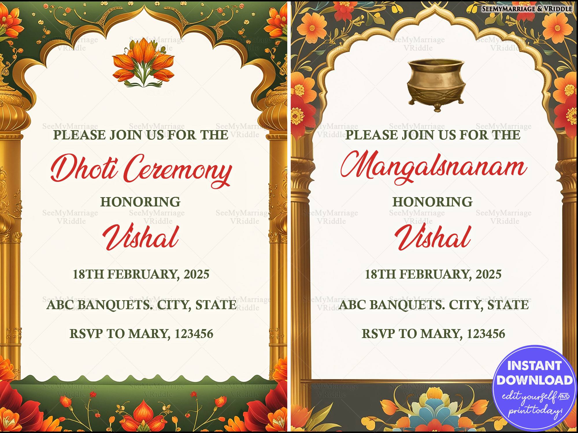 Traditional Dhoti Ceremony and Mangalsnanam Invitation with Floral and Gold Accents, Lotus Motif, Gold Pillar and Kalash Illustration