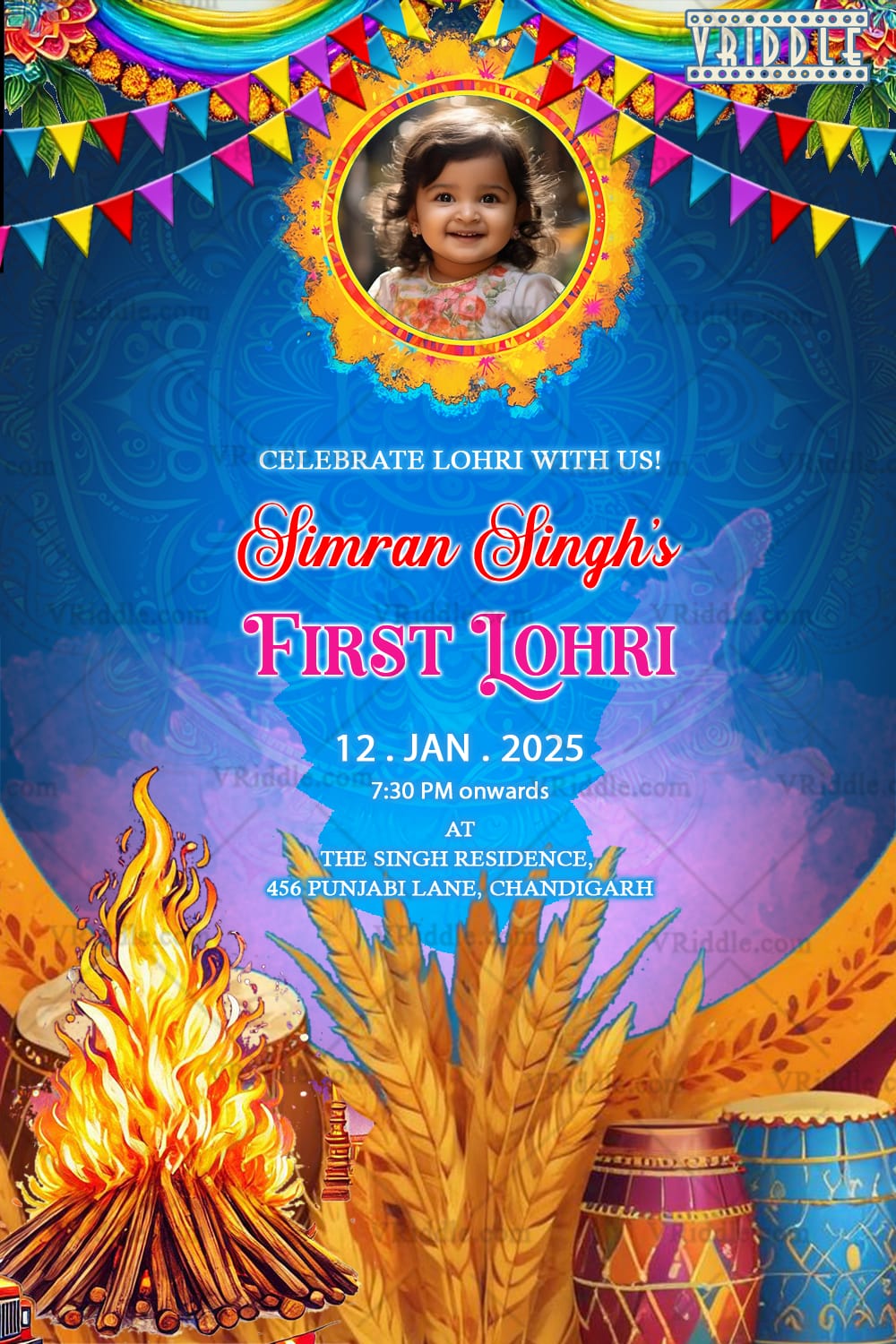 Colorful Lohri Celebration Invitation with Photo and Festive Decor