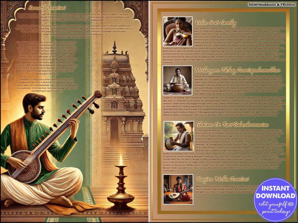 Traditional Indian Classical Music Event Poster Featuring Sitar, Violin, Mridangam, Ghatam, and Kanjira Performances
