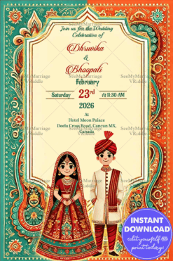Traditional Indian Wedding Invitation with Couple Illustration, Paisley Motifs and Vibrant Red and Green Color Scheme