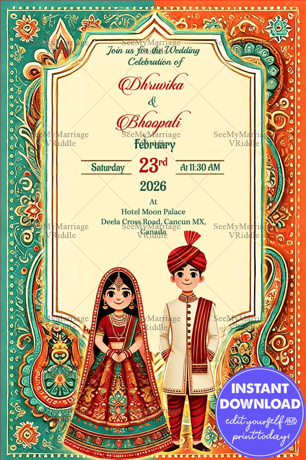 Traditional Indian Wedding Invitation with Couple Illustration, Paisley Motifs and Vibrant Red and Green Color Scheme