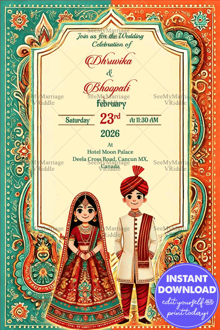Traditional Indian Wedding Invitation with Couple Illustration, Paisley Motifs and Vibrant Red and Green Color Scheme