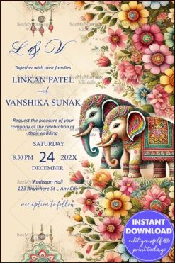 Traditional Indian Wedding Invitation with Floral Patterns, Festive Elephants, and Elegant Typography