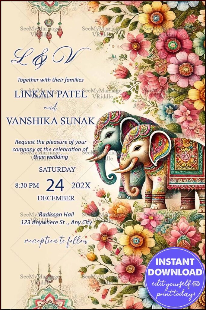 Traditional Indian Wedding Invitation with Floral Patterns, Festive Elephants, and Elegant Typography