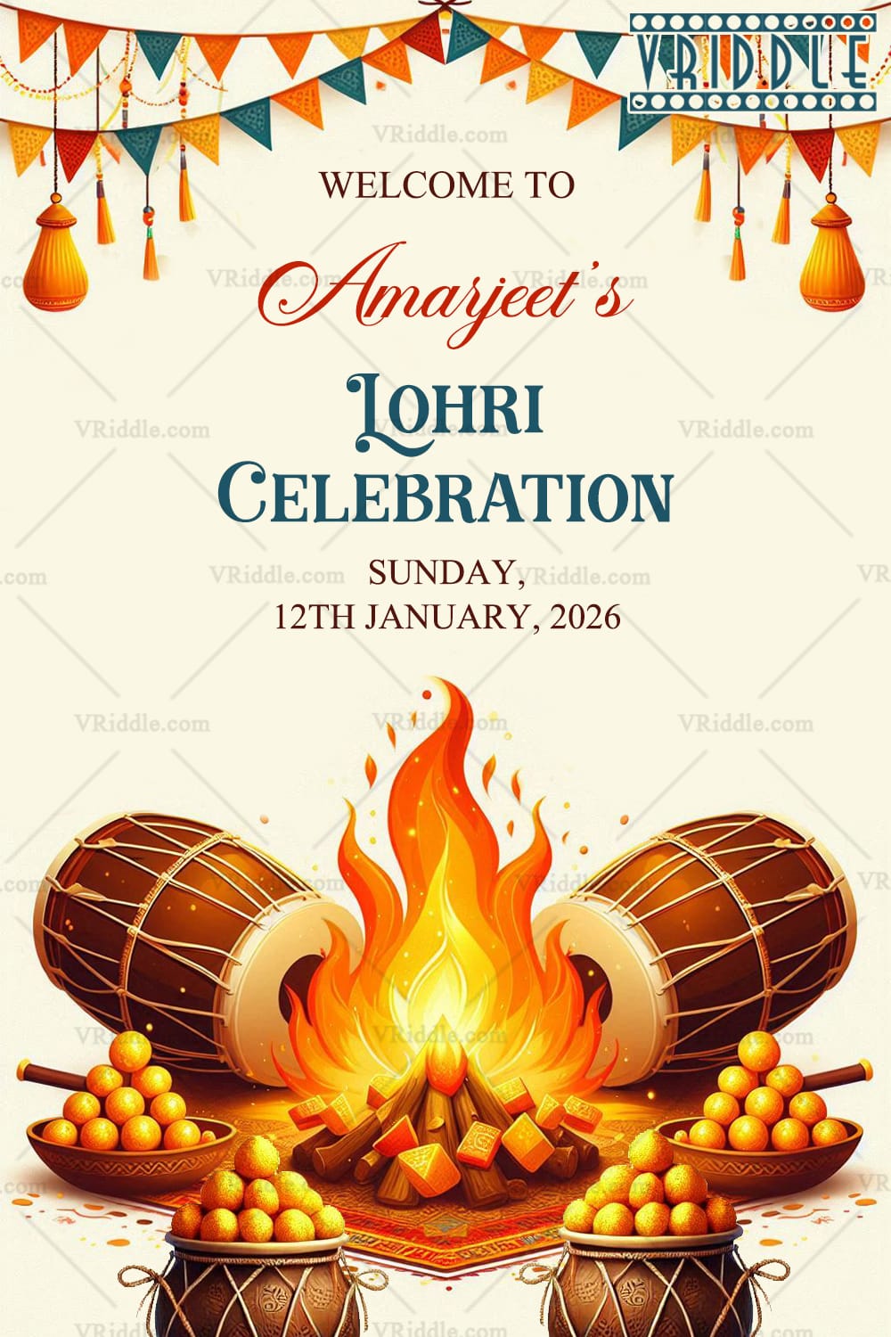 Traditional Lohri Bonfire Celebration Poster and Sweets Theme