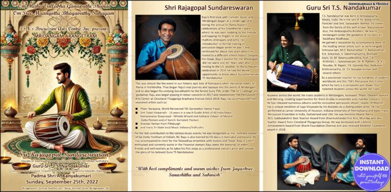 Traditional Mridangam Arangetram Poster and Event Design with Temple Backdrop and Musician Details