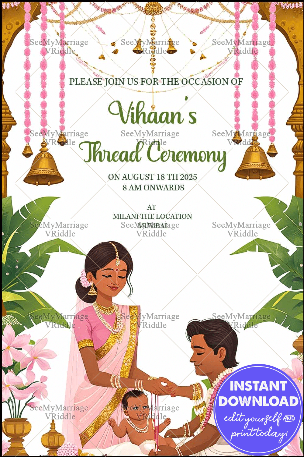 Traditional Thread Ceremony Invitation with Floral Decor and Festive Bells in Pink and Gold Theme