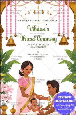 Traditional Thread Ceremony Invitation with Floral Decor and Festive Bells in Pink and Gold Theme