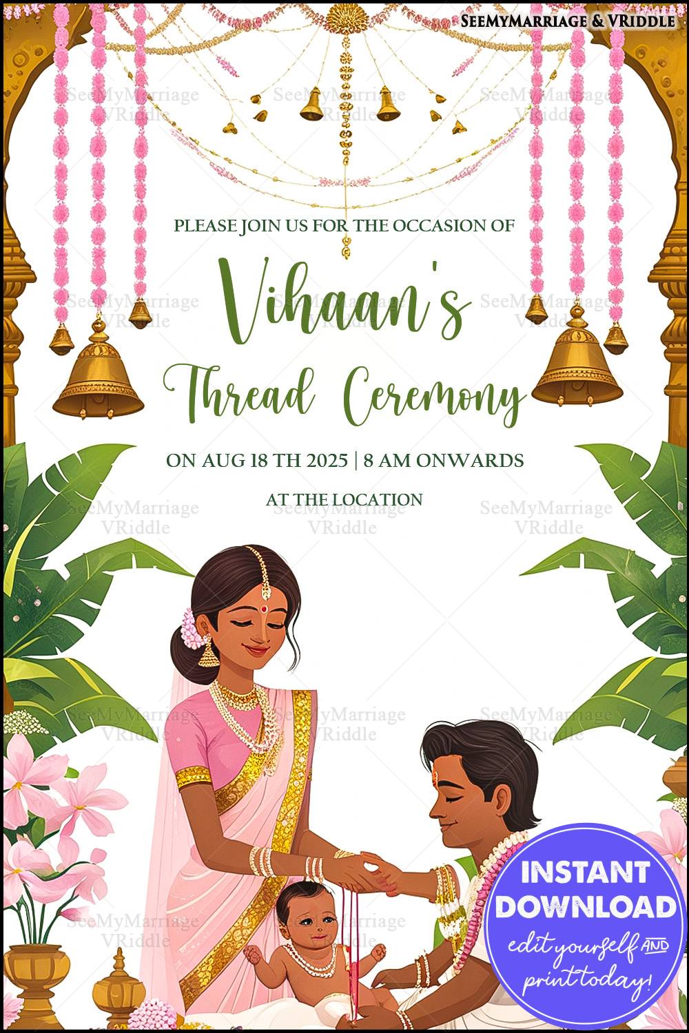 Traditional Thread Ceremony Invitation with Floral Decor and Festive Bells in Pink and Gold Theme