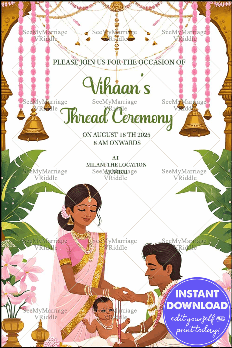 Traditional Thread Ceremony Invitation with Floral Decor and Festive Bells in Pink and Gold Theme