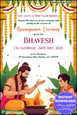 Traditional Upanayanam Ceremony Invitation with Havan Ritual Illustration and Festive Marigold Garlands