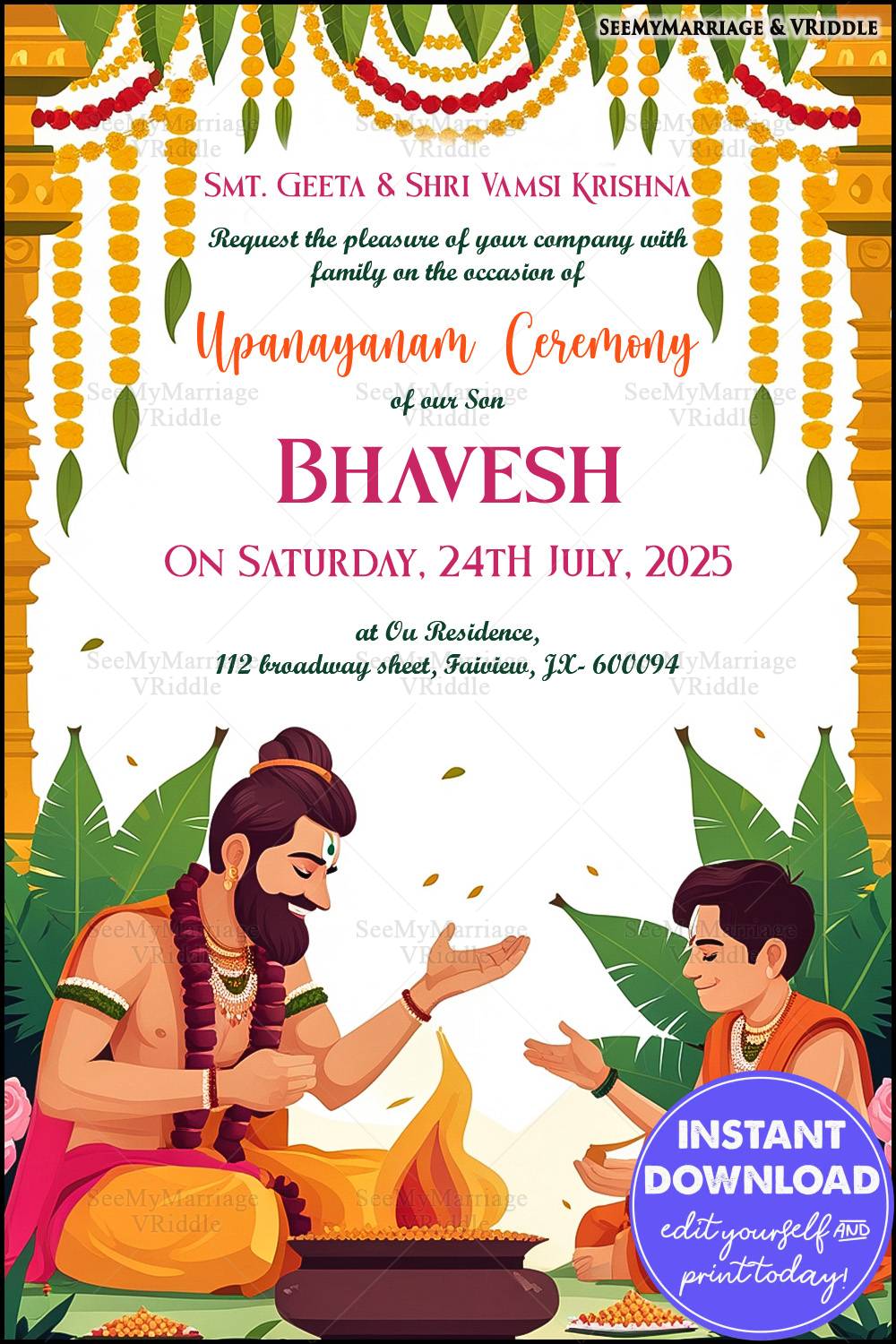 Traditional Upanayanam Ceremony Invitation with Havan Ritual Illustration and Festive Marigold Garlands