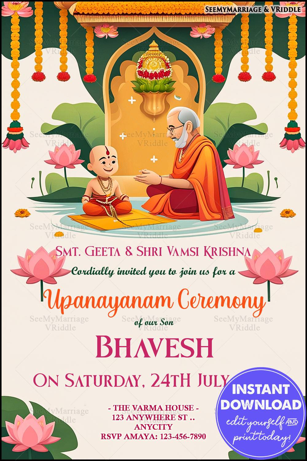 Traditional Upanayanam Ceremony Invitation with Ritual Scene, Temple Backdrop, Marigold Garlands, and Lotus Motifs