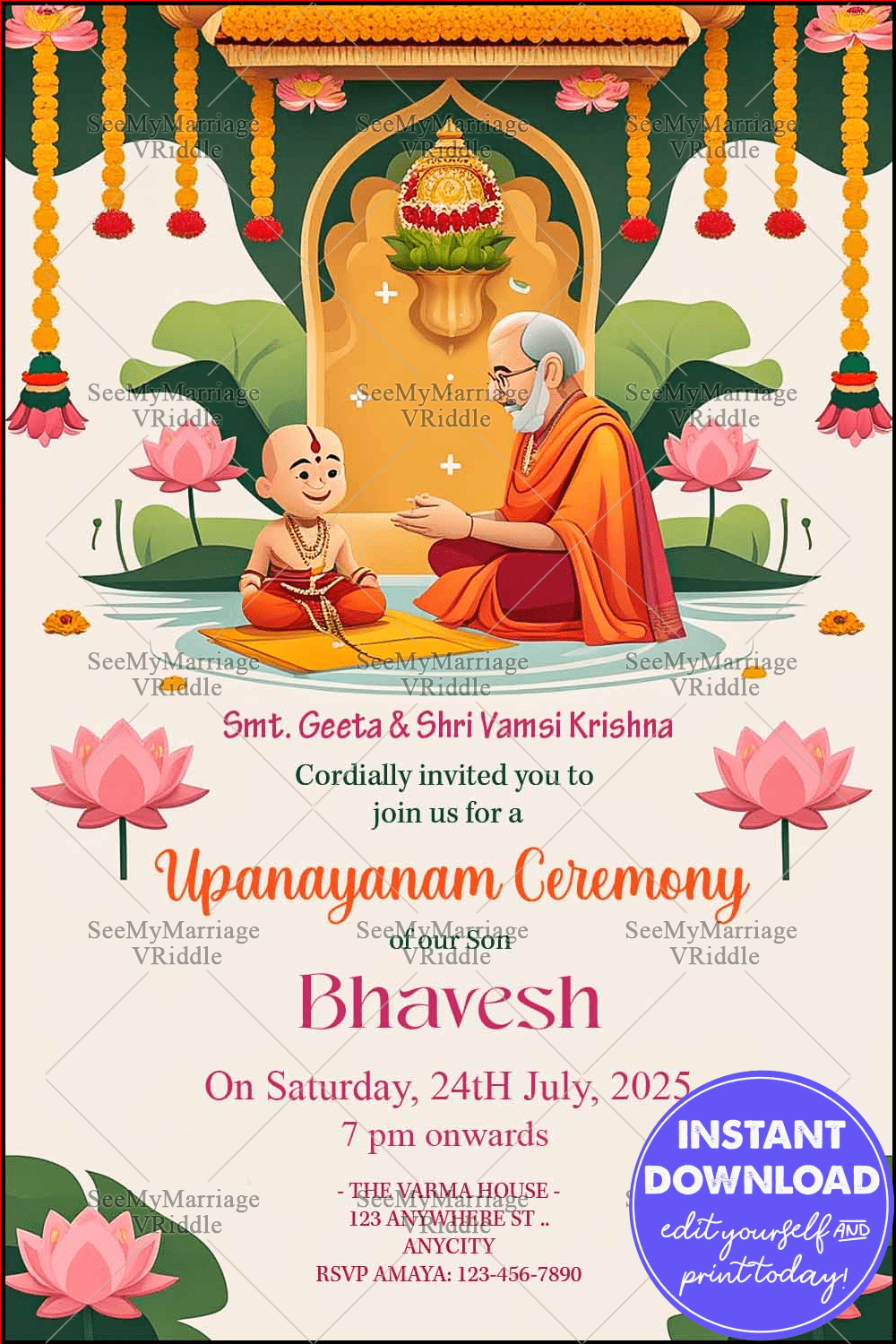 Traditional Upanayanam Ceremony Invitation with Ritual Scene, Temple Backdrop, Marigold Garlands, and Lotus Motifs