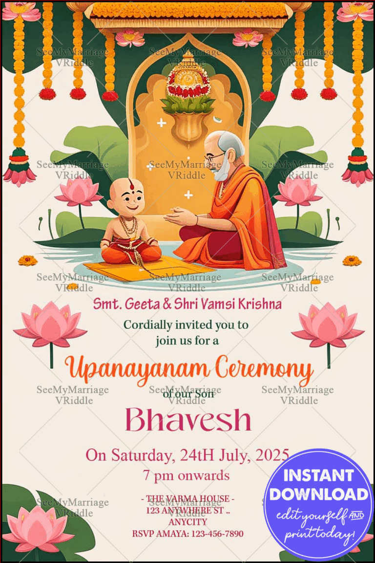 Traditional Upanayanam Ceremony Invitation with Ritual Scene, Temple Backdrop, Marigold Garlands, and Lotus Motifs