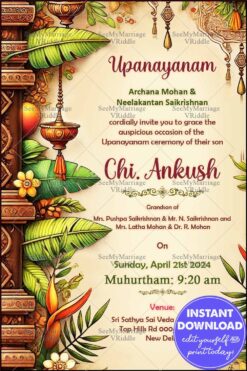 Traditional Upanayanam Invitation with Temple Pillars, Banana Leaves, and Cultural Decorations