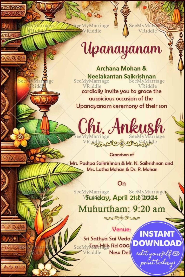 Traditional Upanayanam Invitation with Temple Pillars, Banana Leaves, and Cultural Decorations