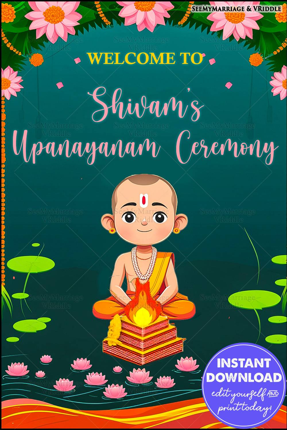 Traditional Upanayanam Welcome Banner with Lotus Motifs and Vibrant Cultural Illustrations