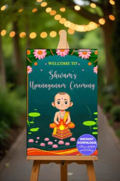 Traditional Upanayanam Welcome Banner with Lotus Motifs and Vibrant Cultural Illustrations