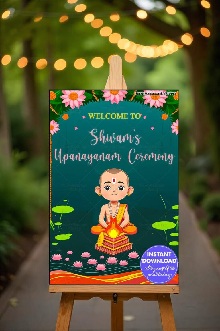 Traditional Upanayanam Welcome Banner with Lotus Motifs and Vibrant Cultural Illustrations