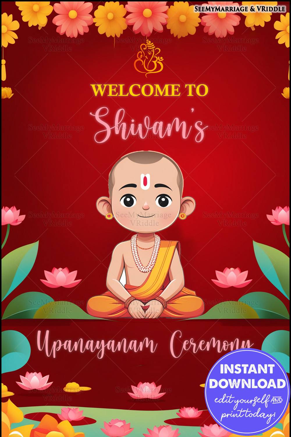 Traditional Upanayanam Welcome Banner with a Vibrant Red Background, Lotus Pond, and Floral Decorations