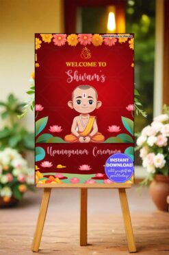 Traditional Upanayanam Welcome Banner with a Vibrant Red Background, Lotus Pond, and Floral Decorations