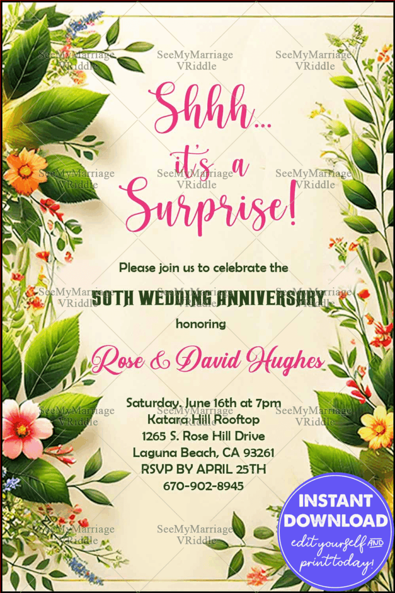 Tropical-Inspired 50th Wedding Anniversary Invite with Green Leaves and Colorful Blossoms