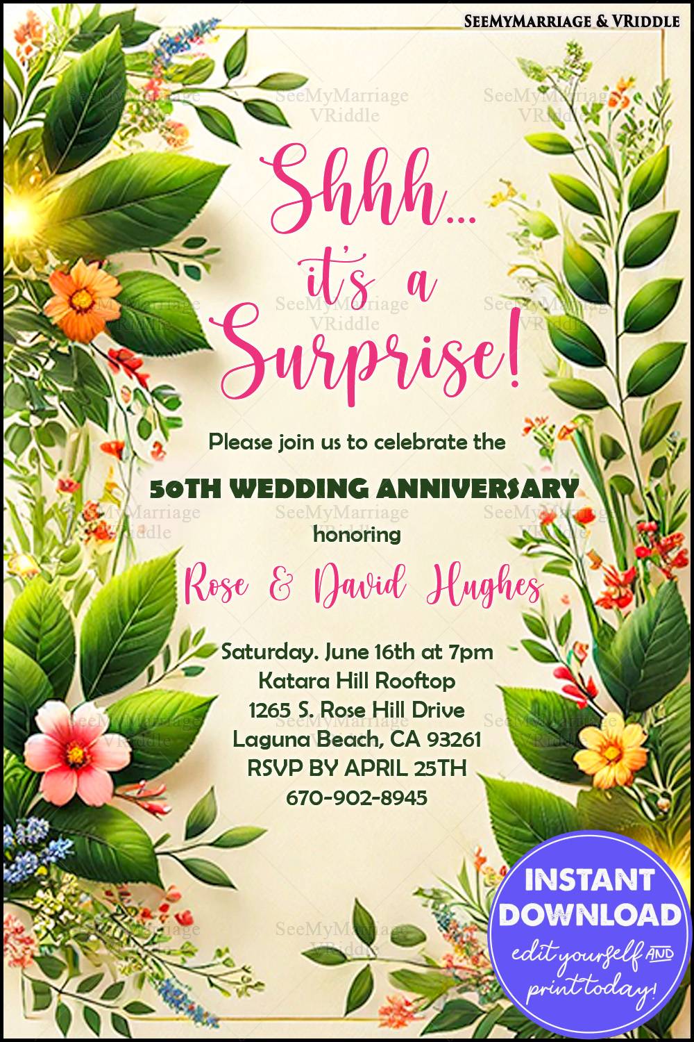 Tropical-Inspired 50th Wedding Anniversary Invite with Green Leaves and Colorful Blossoms