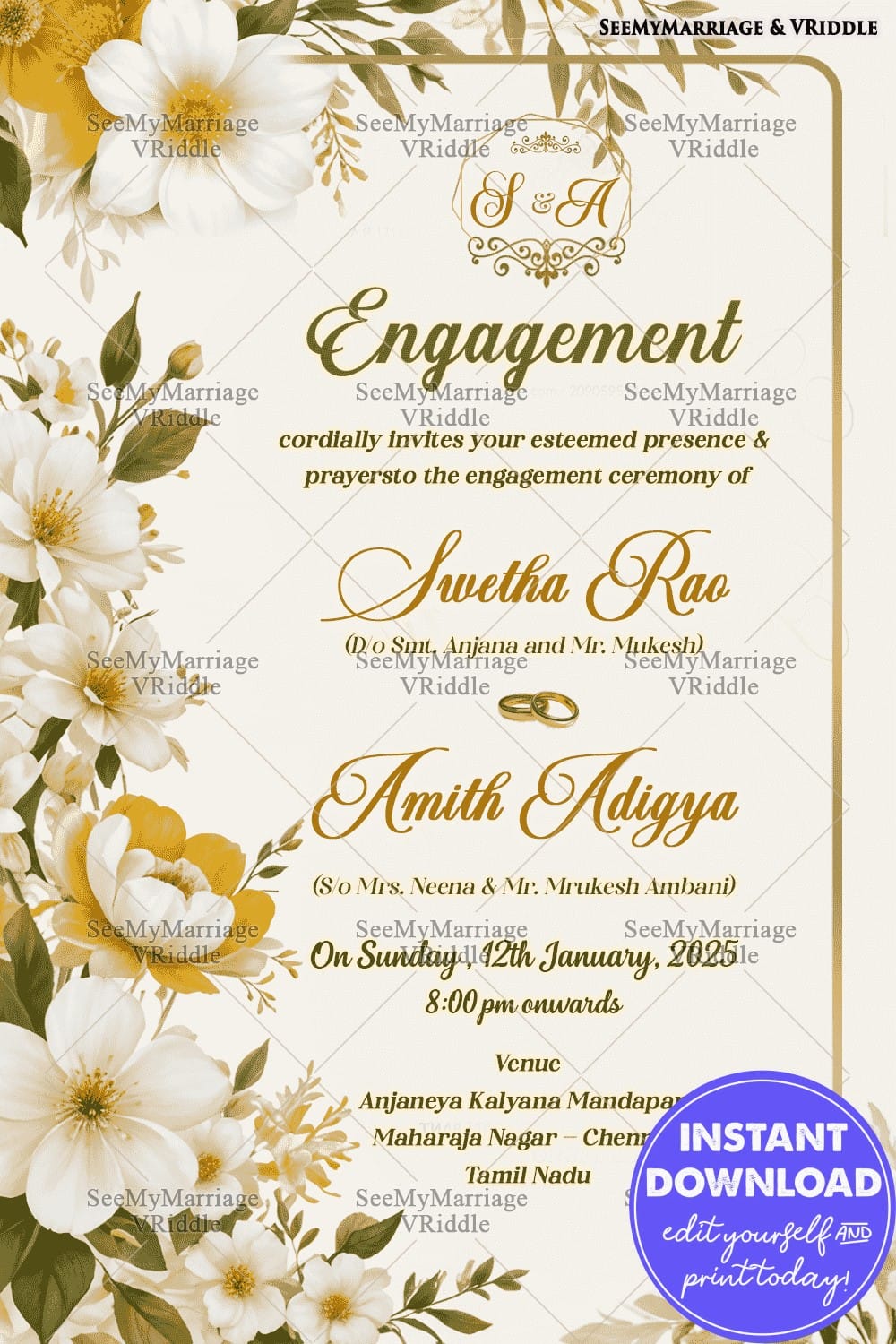 Floral Engagement Invitation with Gold Rings and Yellow Flowers Design