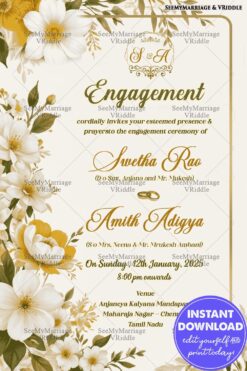 Floral Engagement Invitation with Gold Rings and Yellow Flowers Design