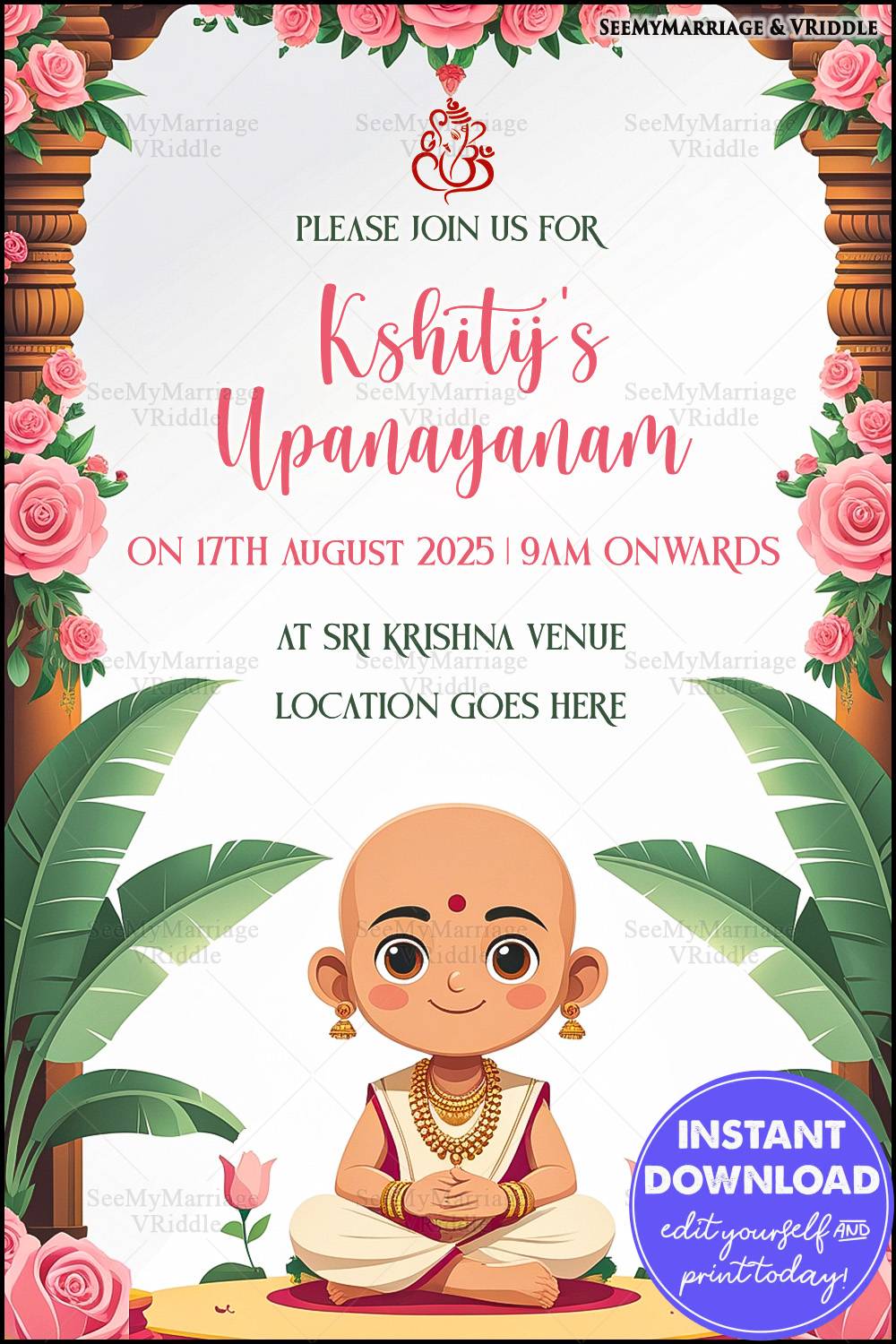 Upanayanam Invitation with Boy Illustration, Pink Roses, Banana Leaves, and Traditional Wooden Frame