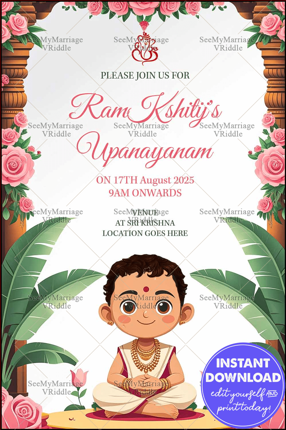 Upanayanam Invitation with Boy Illustration, Pink Roses, Banana Leaves, and Traditional Wooden Frame