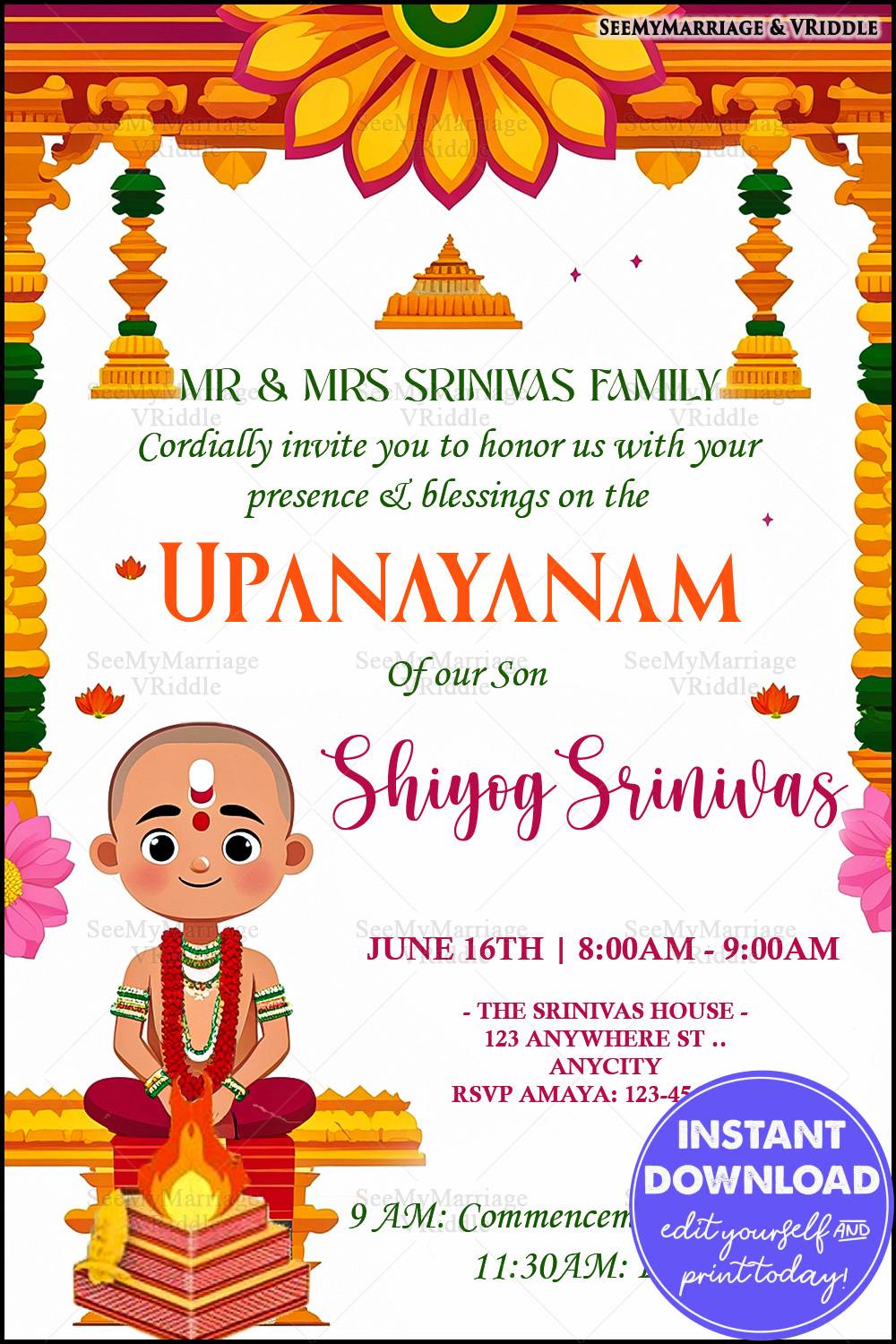 Upanayanam Invitation with Havan Kund Illustration, Mandala Design, and Decorative Pillars