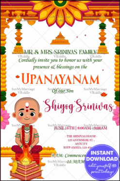 Upanayanam Invitation with Havan Kund Illustration, Mandala Design, and Decorative Pillars