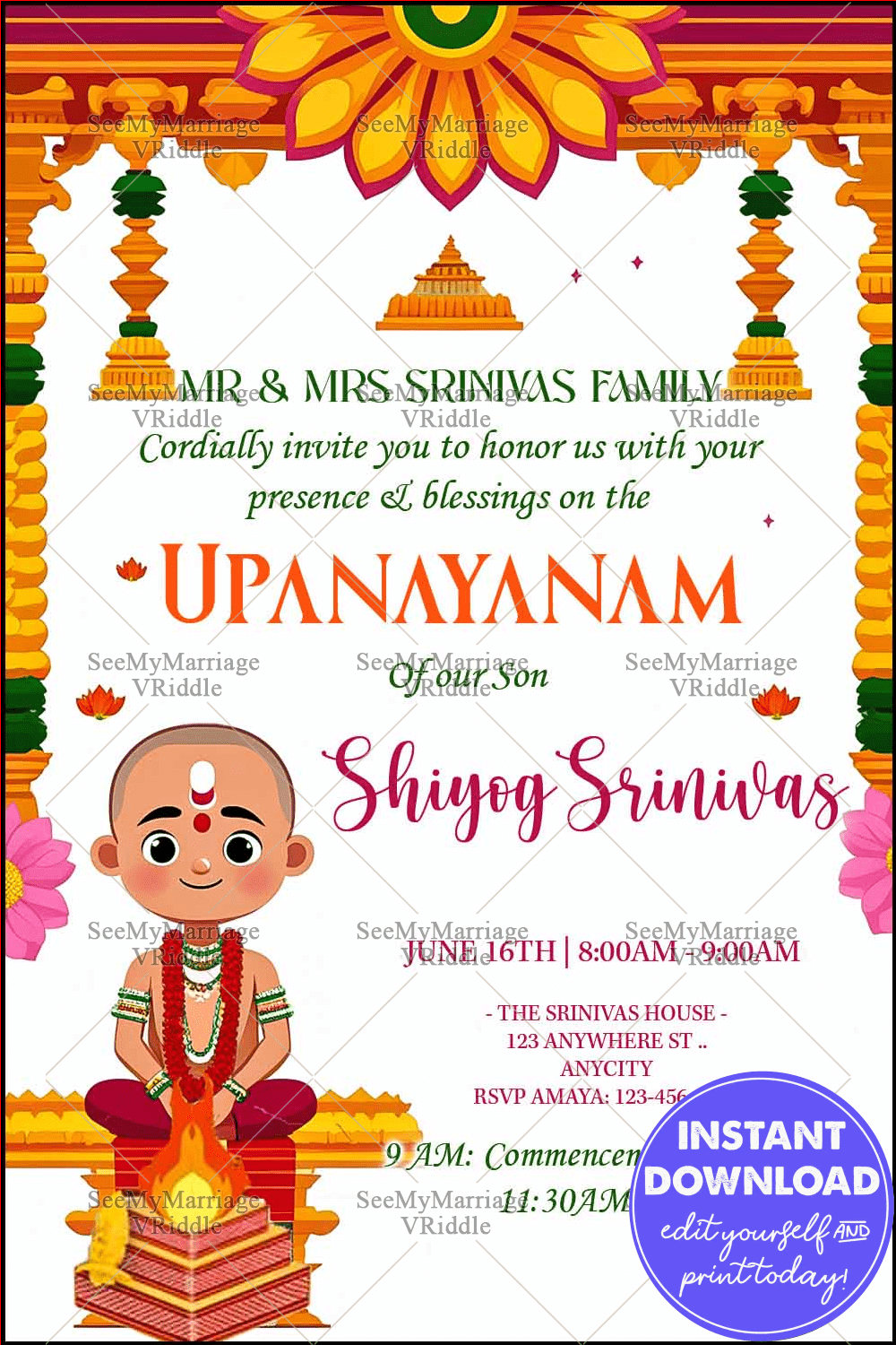 Upanayanam Invitation with Havan Kund Illustration, Mandala Design, and Decorative Pillars