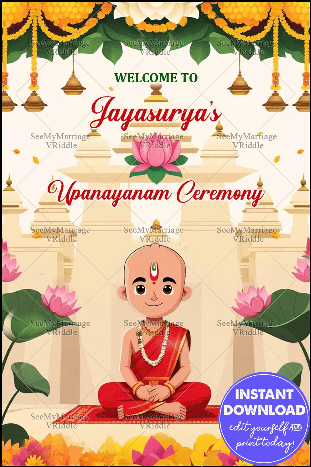 Upanayanam Invitation with Temple Domes, Lotus Motif, Marigold Garlands, and Boy Illustration