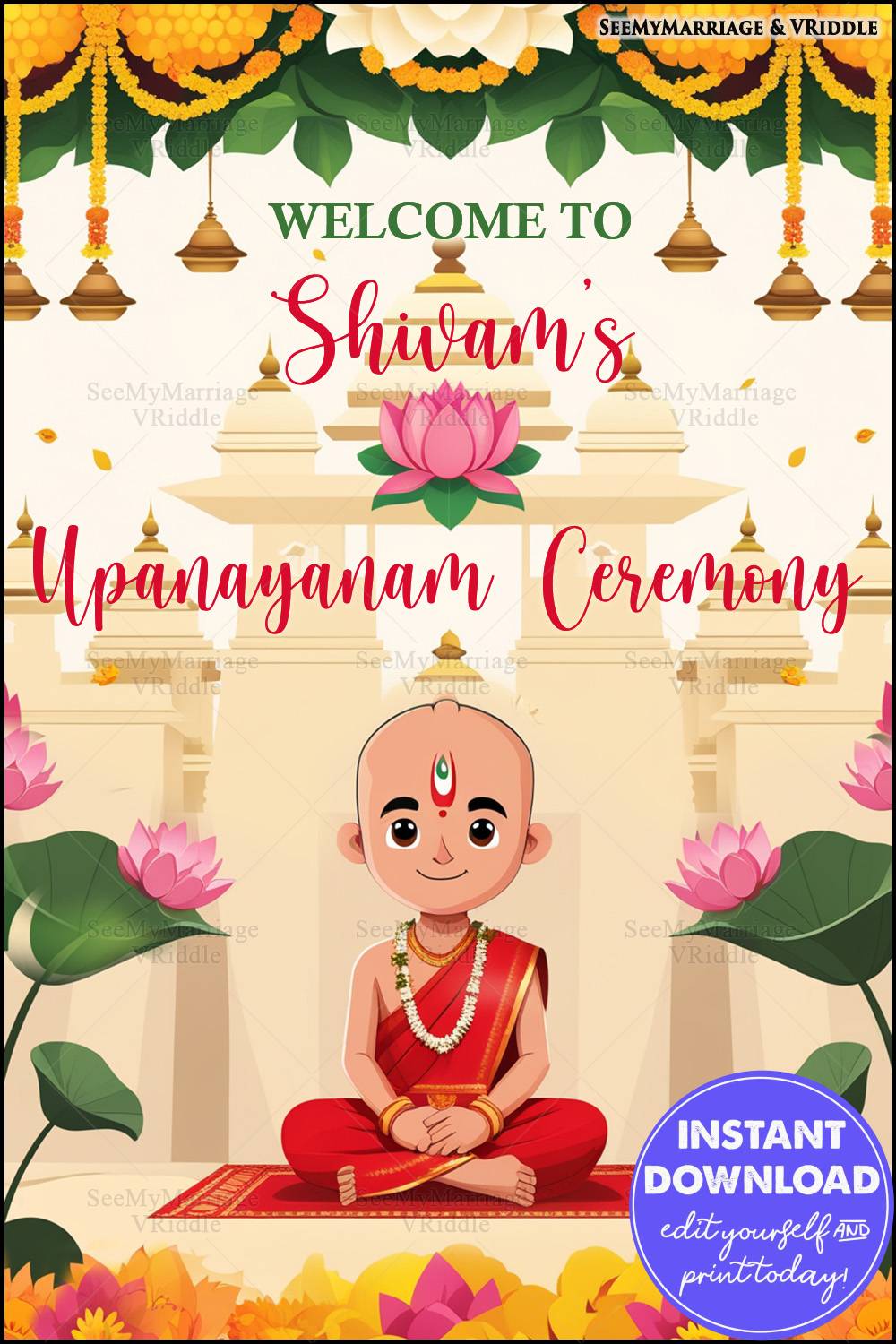 Upanayanam Invitation with Temple Domes, Lotus Motif, Marigold Garlands, and Boy Illustration