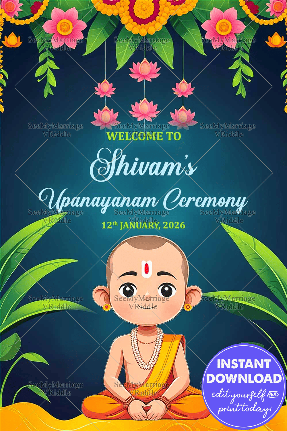 Upanayanam Welcome Banner with Teal Background, Lotus Garlands, and Floral Details