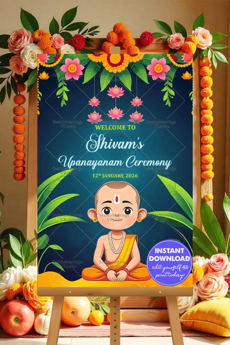 Upanayanam Welcome Banner with Teal Background, Lotus Garlands, and Floral Details