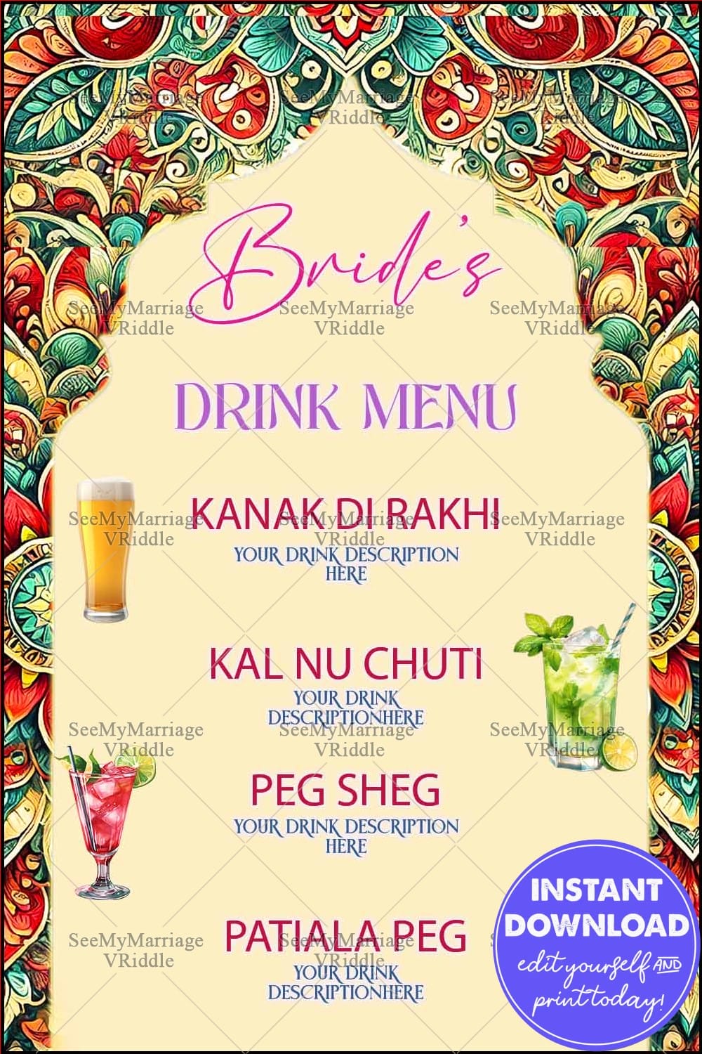 Vibrant Bride's Drink Menu with Traditional Motifs and Creative Drink Names for Wedding Celebrations