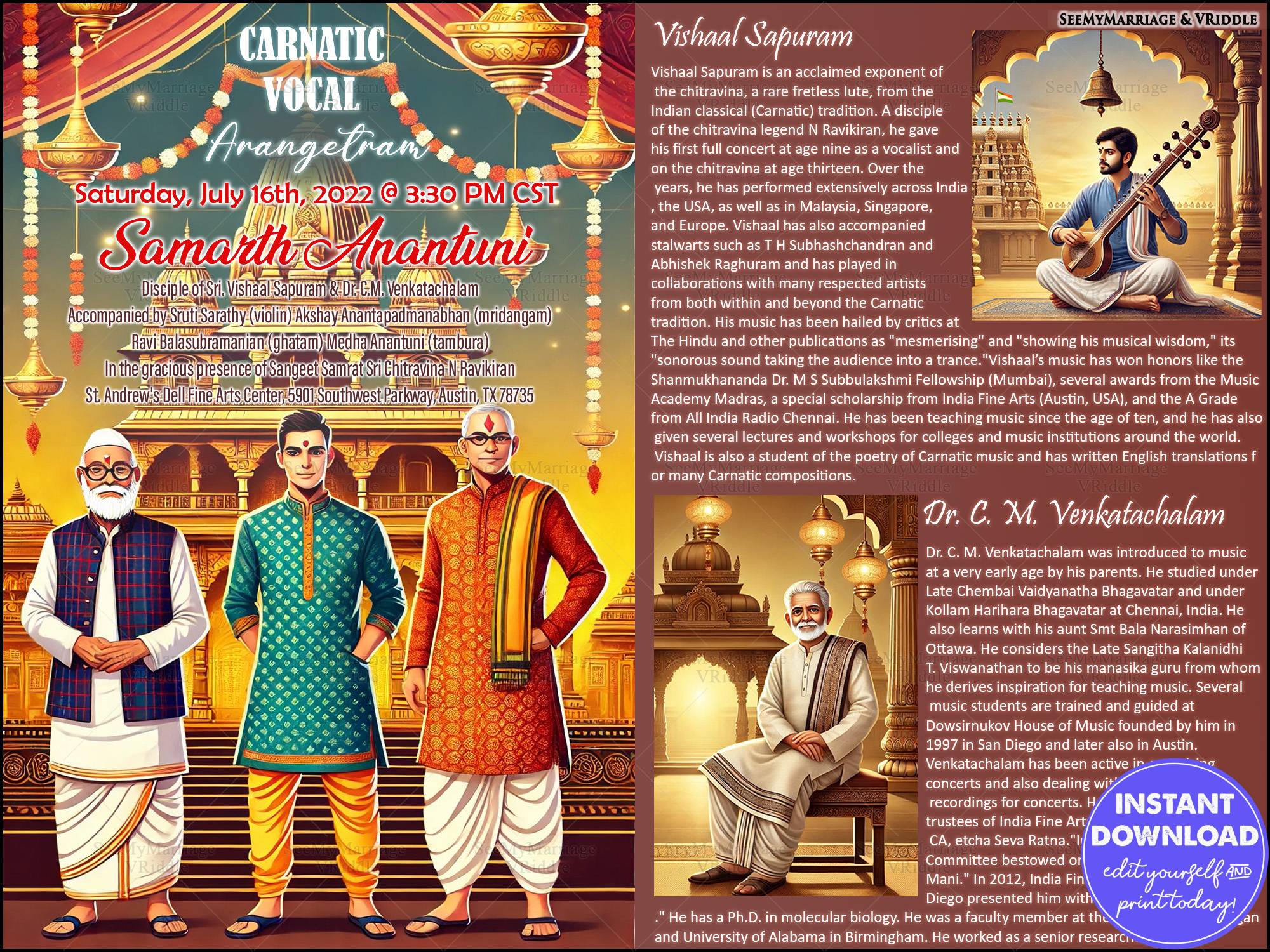 Vibrant Carnatic Vocal Arangetram Poster Featuring Traditional Musicians, Temple Motifs, and Golden Aesthetics