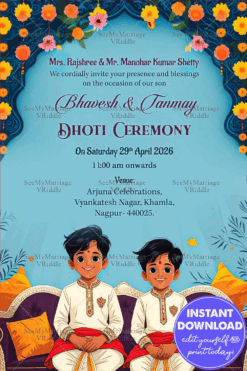 Vibrant Dhoti Ceremony Invitation with Festive Floral Accents and Twin Boys Illustration on Blue Background