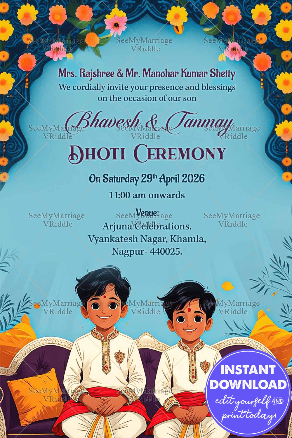 Vibrant Dhoti Ceremony Invitation with Festive Floral Accents and Twin Boys Illustration on Blue Background