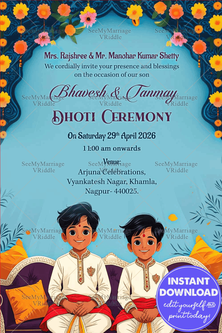 Vibrant Dhoti Ceremony Invitation with Festive Floral Accents and Twin Boys Illustration on Blue Background