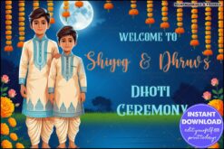 Vibrant Dhoti Ceremony Poster Featuring Marigold Garlands, Florals and Blue Background